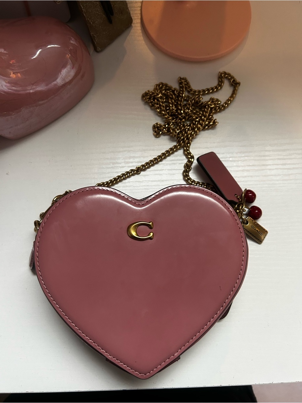 Coach Pink Heart-Shaped Crossbody with Gold Chain